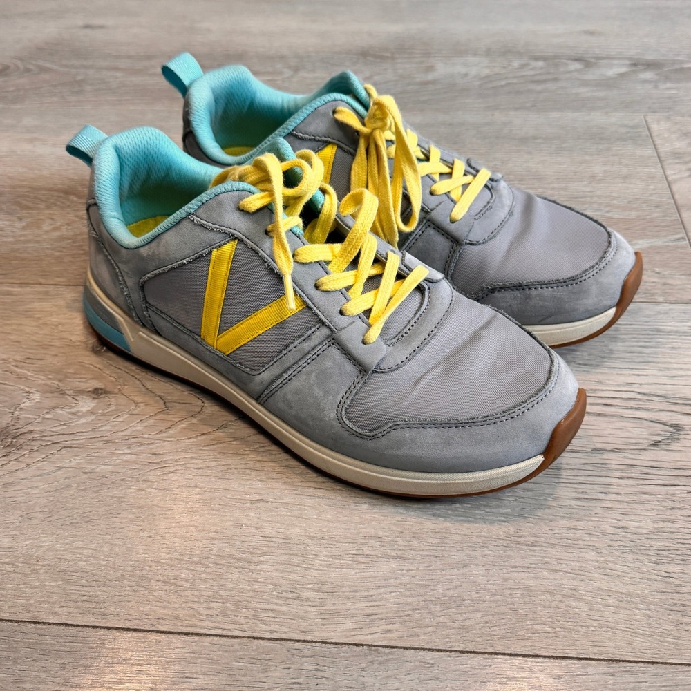 Vionic Gray Sneakers with Yellow Accents and Teal Lining